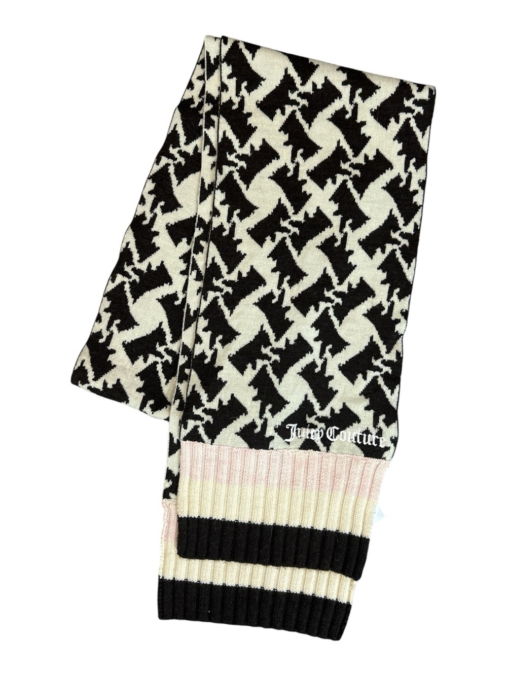 Juicy Couture Scarf 100% Wool Black Cream Pink Houndstooth Knit Y2K